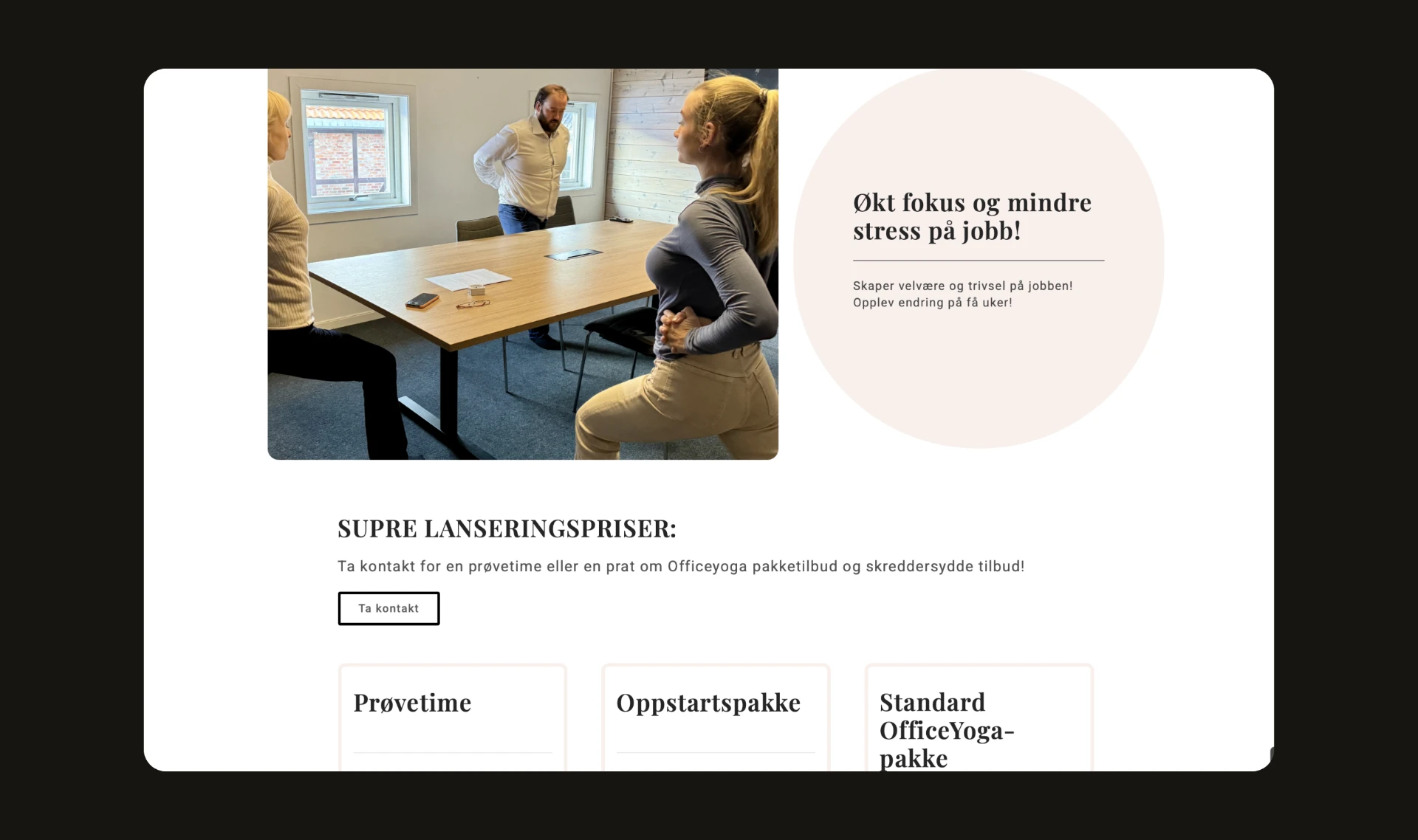 Landingssiden til Yogapaviljongen vist på skjerm