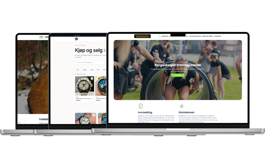 Nettsider laget av Moss webdesign vist på tre bærbare datamaskiner